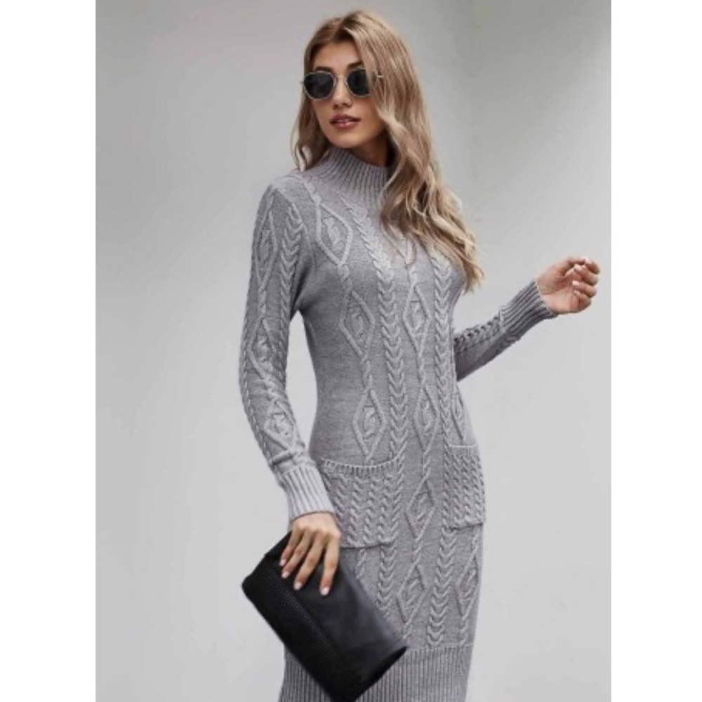 Gray High Neck Textured Bodycon Sweater Dress - Picture 8 of 13